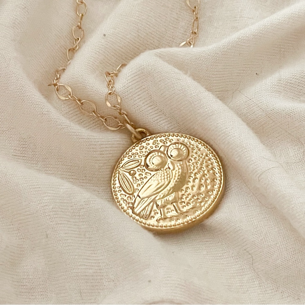 Gold Ancient Greek Owl of Athena coin pendant necklace.